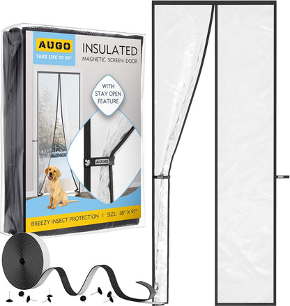 AUGO Heavy Duty Magnetic Screen Door – Fiberglass Pet Resistant Mesh, Self Sealing Hands Free Magnetic Closure, Tear Resistant Door Screen Keeps Bugs Out, Patent Pending Keep Open Feature – 38” x 83”