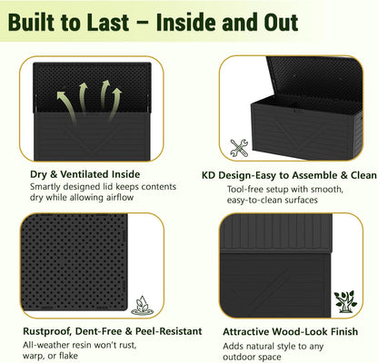Outdoor Storage Box, 98 Gallon Deck Box, Outdoor Storage Bench, Waterproof Resin Storage Bench with Lockable Lid, Patio Furniture Cushions & Garden Tools Storage, UV Resistant (Black)