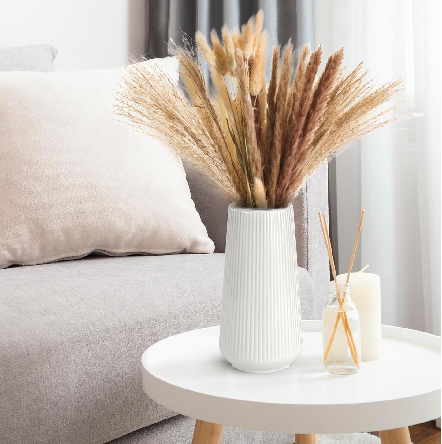 White Ceramic Vase, GUKJOB Small Cute Flower Vase for Pampas Grass, Home, Living Room, Dining Table, Farmhouse, Office Decor, Bedroom, Table, and Kitchen Shelf (White- 2PCS)