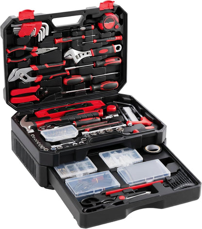 NEWBULIG 330-Piece Complete Tool Box Set, Durable Homeowners Tool Kit with Pull-Out Drawer, Versatile Home Repair Kit for Auto & Household, DIY Projects, Black-Red