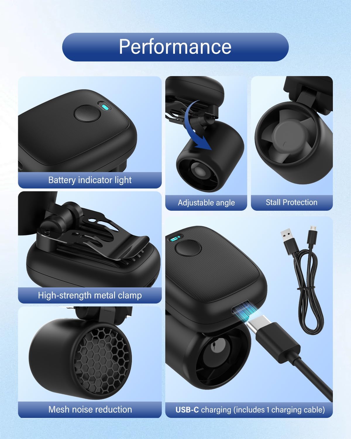 Mini Clip On Fan Portable, Ultra-Lightweight 2oz, Rechargeable Mini Portable Fan with 3 Speeds USB-C, Hands-Free Clip Fan Face Cooling for Outdoor, Soccer, Baseball Cap, Visor Hat, Sports (Black)
