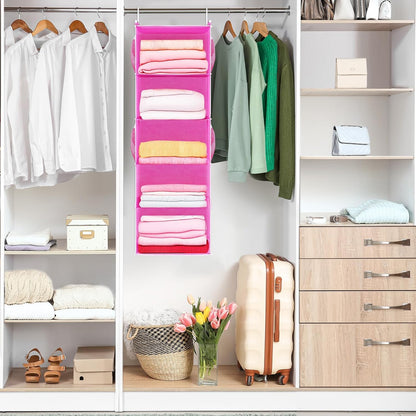 MAX Houser 4-Shelf Hanging Closet Organizer, Space Saver, Cloth Hanging Shelves with 2 Side Pockets, Foldable (Beige)