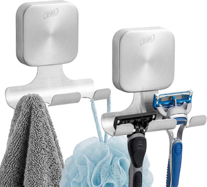 TAILI Suction Cup Razor Holder in Shower 2 Pack, Towel, Loofah, Shaver Holder for Bathroom Wall, Powerful Suction Cup Shower Hooks, Easy to Install and Reuse, White