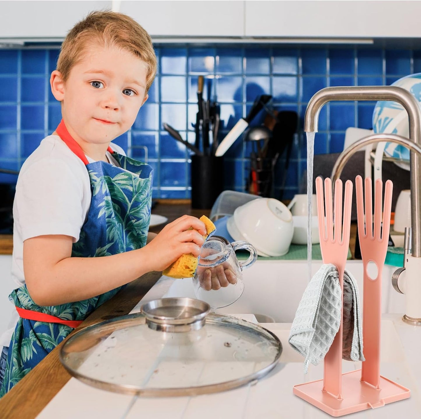 Kitchen Gloves Holder Mitten Dryer Reusable Rubber Glove Clothes Drying Rack Plastic Washing Sink Holder Stand Towel Hanger for Dish Gloves Rags Sponge Food Bag Organizer Blue