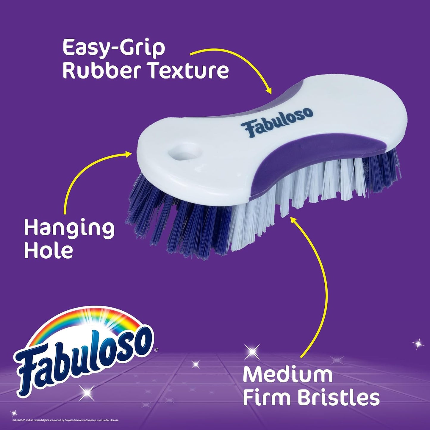 Fabuloso Cleaning Brush, Compact Hand Scrub Brush with Easy Grip Rubber Texture for Kitchen, Bathroom, Tile, Baseboards and Floors, Firm Bristles for Indoor Surface Cleaning, White & Purple, 6 Inch
