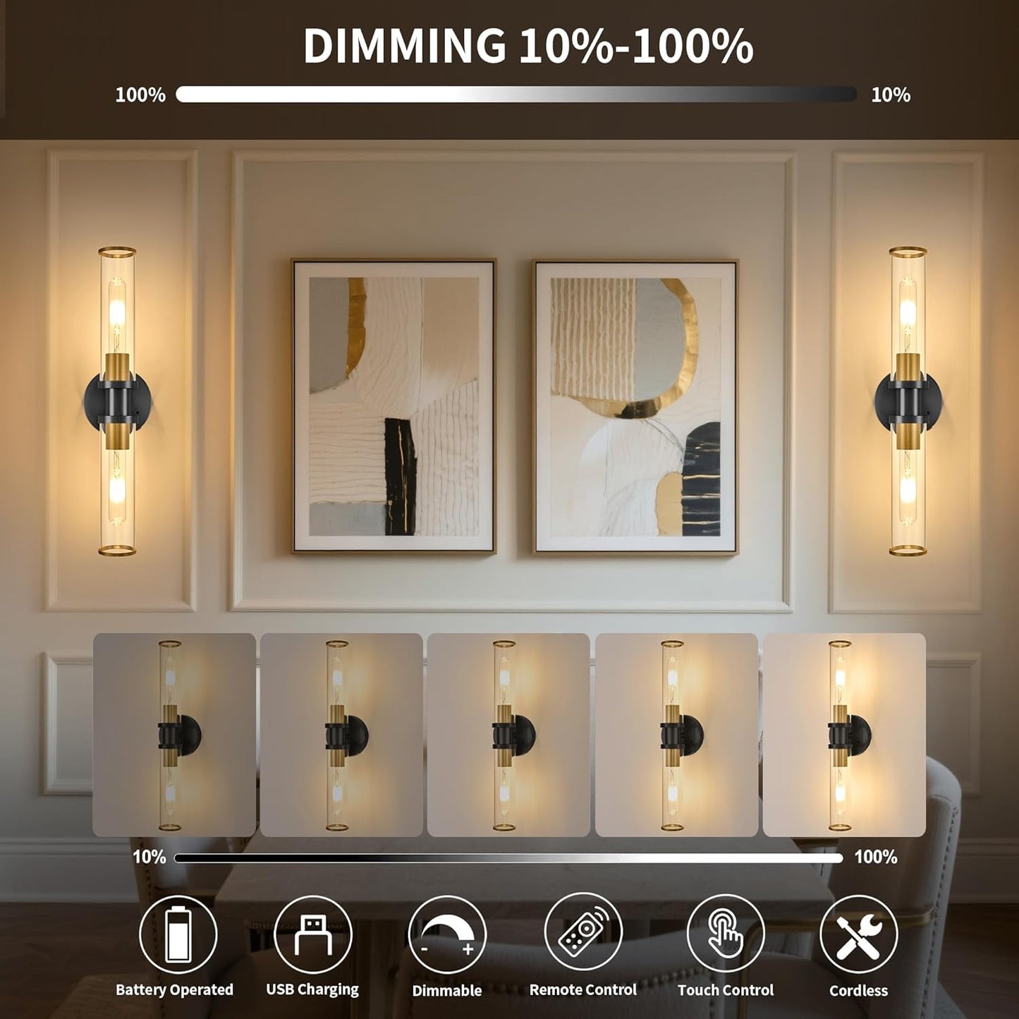 Wireless Wall Sconces with Remote Control, Battery Operated Wall Sconce Set of 2 with Timer, Gold Rechargeable Dimmable Glass Wall Lights for Living Room Bedroom Hallway Entryway 3000K, 20.5 Inch