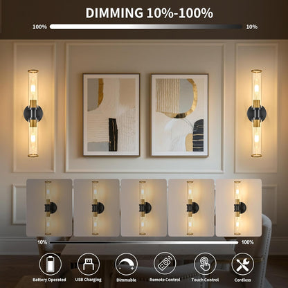 Wireless Wall Sconces with Remote Control, Battery Operated Wall Sconce Set of 2 with Timer, Gold Rechargeable Dimmable Glass Wall Lights for Living Room Bedroom Hallway Entryway 3000K, 20.5 Inch