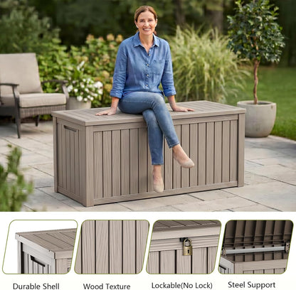 Waterproof Outdoor Storage Box Outside Deck Box Lockable Resin Bench UV Resistant Furniture Cushion Pool Tool Float Bin Patio Garden Porch (Black, 120 Gallon)