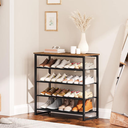 HOOBRO Shoe Rack, 4 Tier Shoe Storage Organizer with 3 Oxford Fabric Shelves and Top Panel, Holds 12-16 Pairs of Shoes for Entryway and Closet, Industrial, Rustic Brown BF47XJ01G1