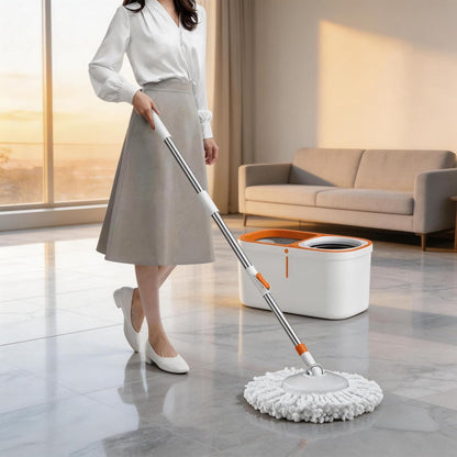 Floor Spin Mop and Bucket Set with Wringer System Extended Stainless Steel Handle 61＂for Home Floor Cleaning Use with 5 Replacement Head Refill and 1 Cleaning Brush Head