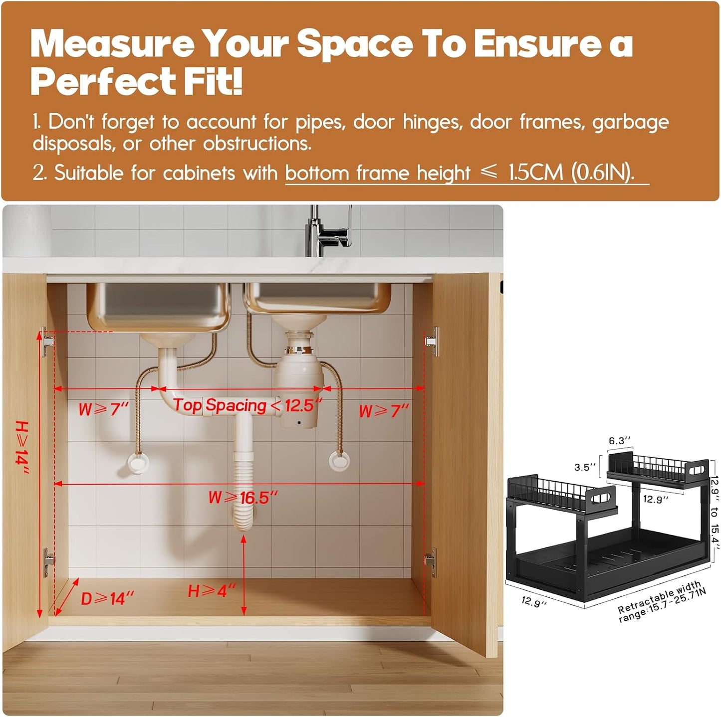 1 Pack Expandable Under Sink Organizers And Storage With Upgrade Ball-Bearing Slide Tracks,2-Tier Pull Out Under Cabinet Organizer Height Adjustable,Slide Out Under Sink Drawers-Black(Patent Pending)