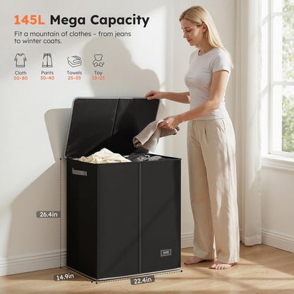 SOLEDI Luxury Double Laundry Hamper with Lid and Removable Bags, 38.3 Gal Large Laundry Bin, Laundry Basket 2 Sections, Collapsible Clothes Hamper for Bedroom, Laundry Room, Bathroom, Off-white