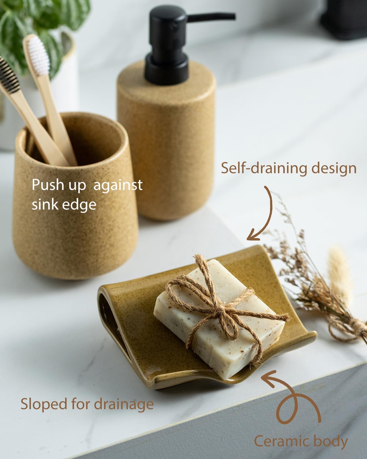 Zoeeker Self-Draining Soap Dish, Ceramic Soap Holder with Drain Spout Waterfall Drying Tray for Shower Bathroom Kitchen Sink Bathtub, Keep Soap Bars Dry, Blue