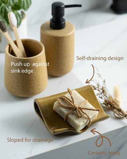 Zoeeker Self-Draining Soap Dish, Ceramic Soap Holder with Drain Spout Waterfall Drying Tray for Shower Bathroom Kitchen Sink Bathtub, Keep Soap Bars Dry, Blue