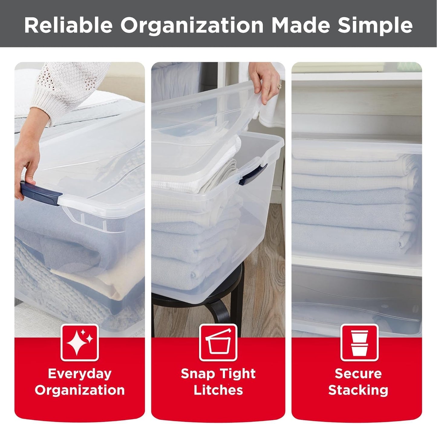 Rubbermaid Cleverstore 42 Quart Stackable Plastic Storage Bin with Lids for Garage, Closet, and Classroom, Clear, 4 Pack