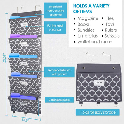 homyfort Over the Door File Organizer, Wall Hanging File Folders with 5 Large Pocket for Mails, Magazines, Back to School Supplies,Office Chart Storage, Paper Organization (Grey)