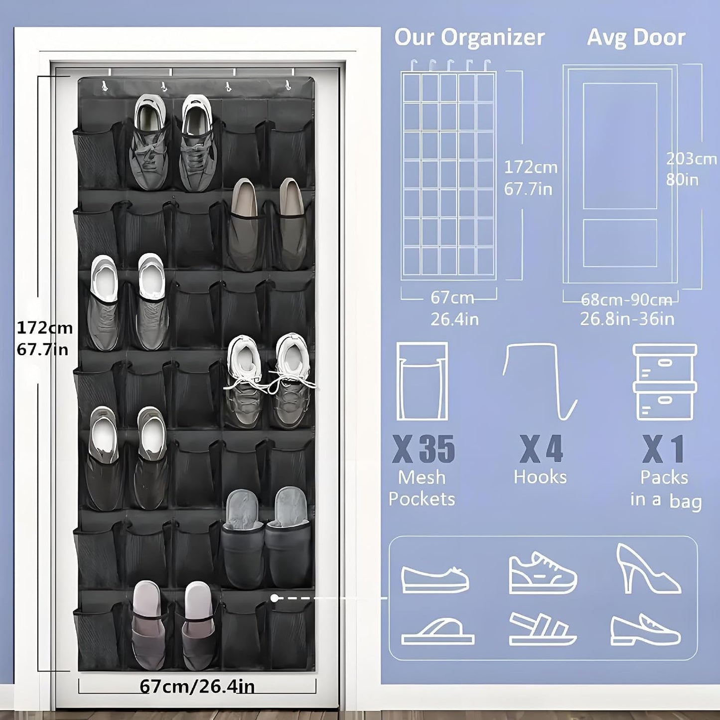 Meolsaek Over Door Shoe Organizer with 24 Breathable Mesh Pockets, Shoe Holder for Door with 4 Metal Hooks, Back of Door Shoe Organizer for Closet, Bedroom, Bathroom, Pantry (Grey - 24)