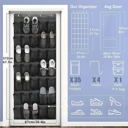 Meolsaek Over Door Shoe Organizer with 24 Breathable Mesh Pockets, Shoe Holder for Door with 4 Metal Hooks, Back of Door Shoe Organizer for Closet, Bedroom, Bathroom, Pantry (Grey - 24)