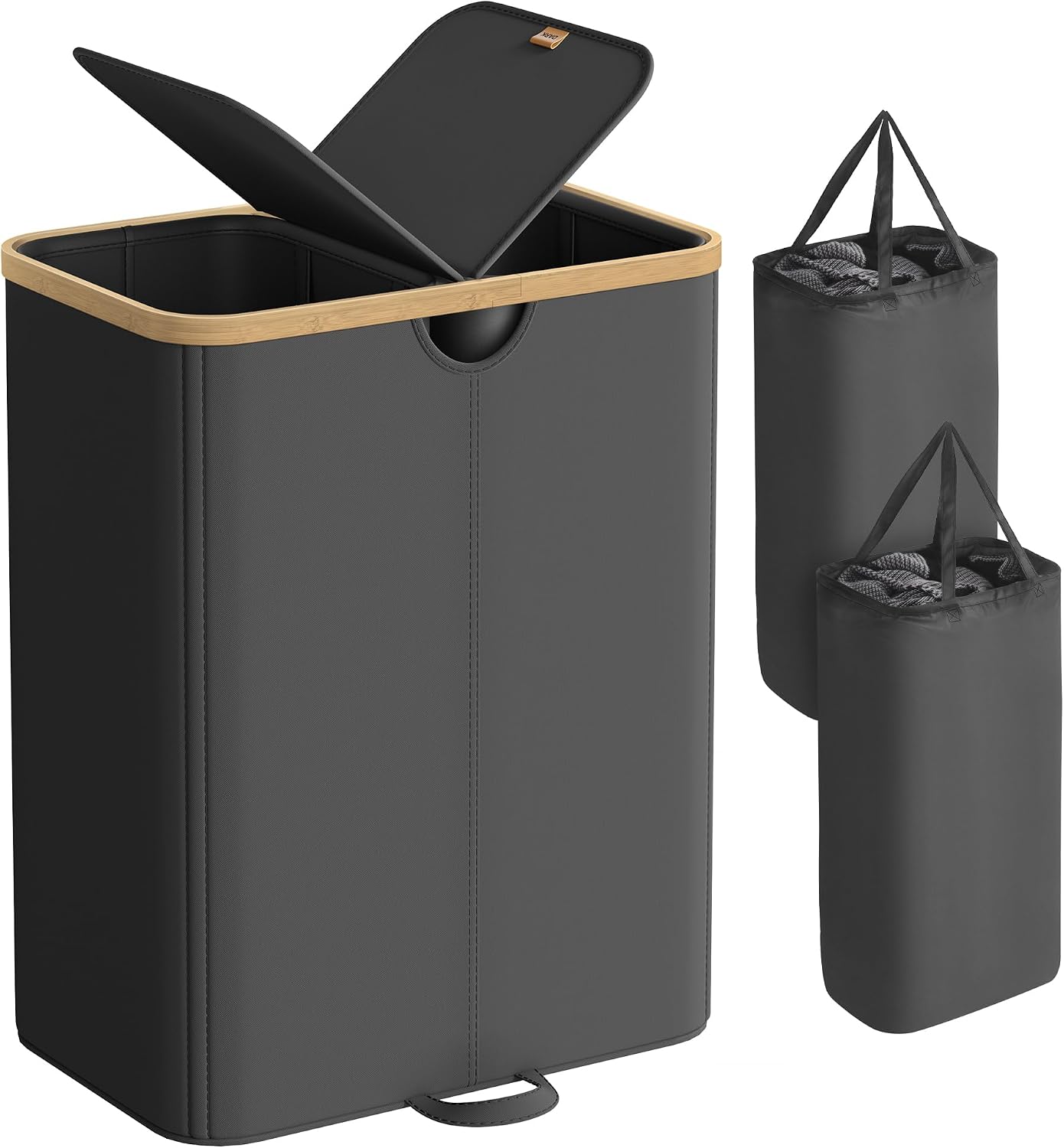 SONGMICS Laundry Hamper, Laundry Sorter with Lid, Storage Basket Bin, Removable Liners, Bamboo Frame, for Bedroom, 3 Sections, 44.9 Gal. (170 L), Ink Black ULCB533BH01