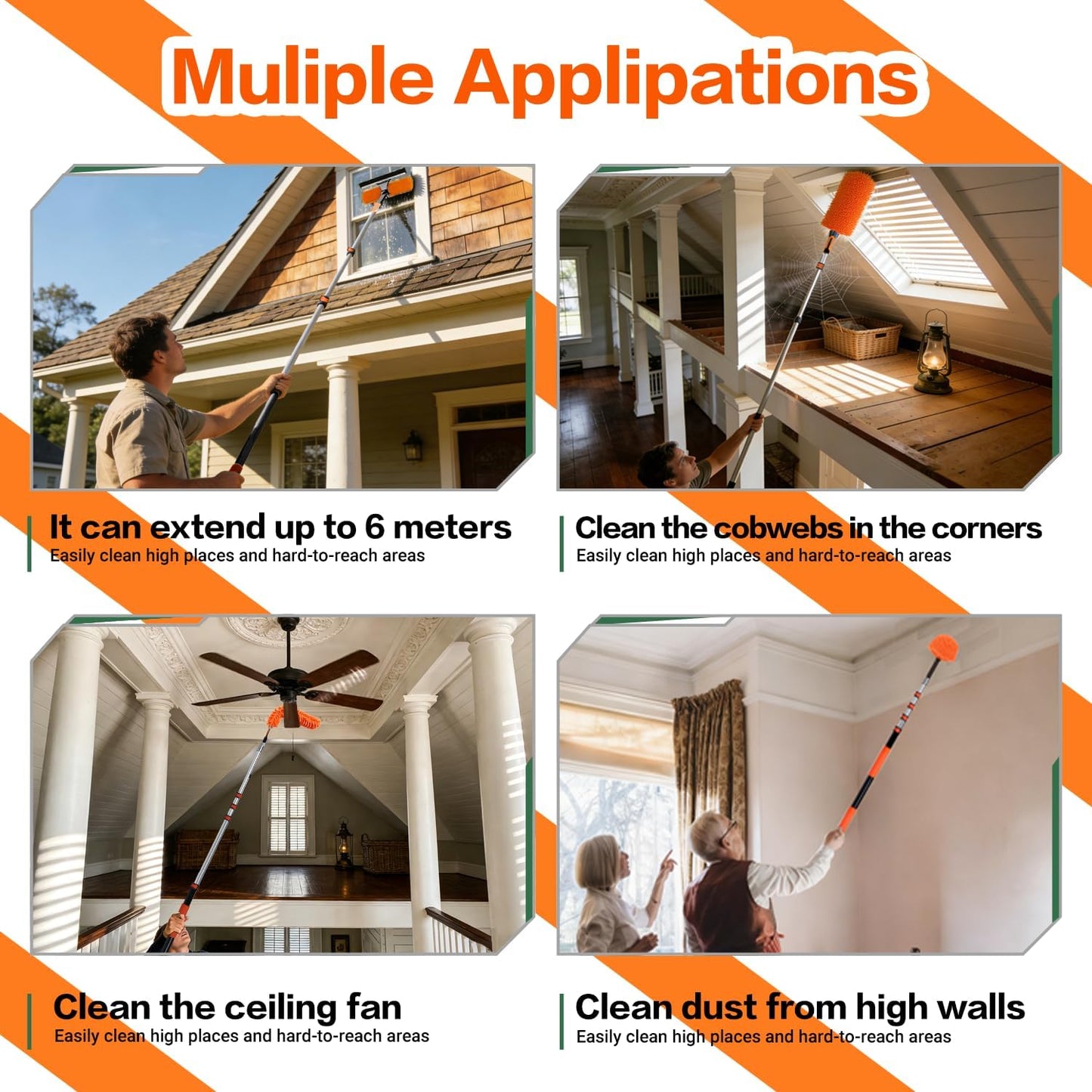 26FT High Reach Duster Cleaning Kit with 5-20 FTExtension Pole, High Ceiling Fan Cleaner Duster Tool for Fan Blades, Extendable Reusable Cobweb, Feather, Window Cleaning Squeegee Kit (20FT)