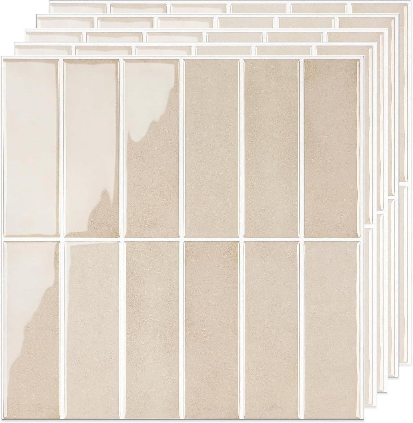 Peel and Stick Subway Backsplash Tiles, 5 Pack, 12 x 12 in, Almond | extra thick 3D wall panels, heat and water resistant wall panels, easy DIY kitchen, bathroom, laundry, fireplace wall décor