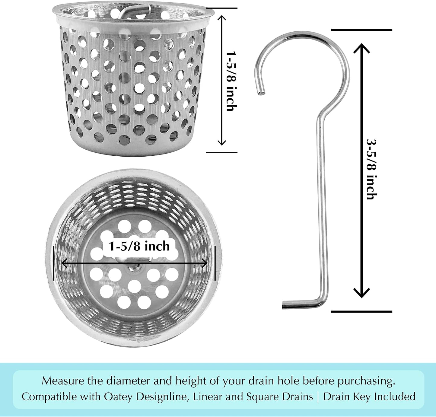 Shower Drain Strainer for Oatey Designline Shower Drain, Linear and Square with Shower Drain Key for Drain Grate Removal, Stainless Steel