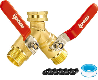 IPOW Upgrade Full Flow Garden Hose Splitter with Stainless Steel Handle, Brass Heavy Duty 2 Way Y Valve Garden Hose Splitter High Flow Spigot Splitter + 6 Rubber Hose Washers with Comfort Grip Use