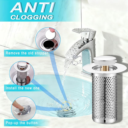 Bathroom Sink Stopper 2Pcs,Sink Drain Strainer,Hair Catcher with Removable Stainless Steel Filter Basket,Universal Sink Plug,Suitable for Most Sinks,Washbasin,Bathtubs