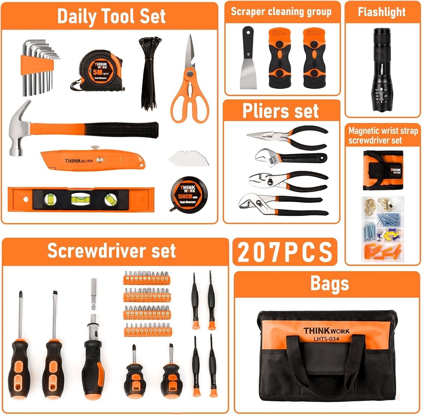 THINKWORK Pink Tool Set - 207 Piece Lady's Portable Home Repairing Tool Kit with 13'' Wide Mouth Open Storage Tool Bag, Perfect for DIY, Home Maintenance - Christmas Gift for Women, LHTS-034