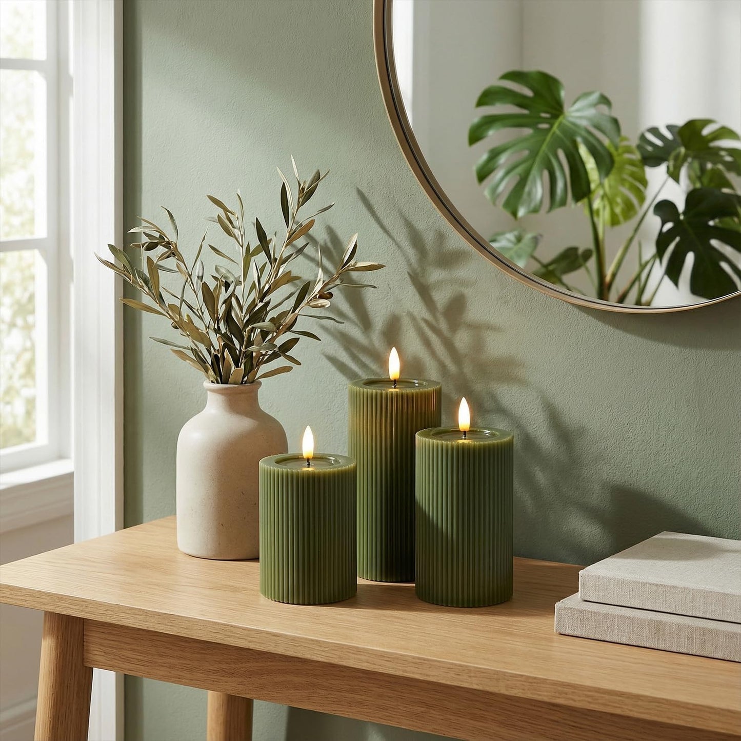 Fluted Ribbed LED Pillar Candles, Cream Beige, with Realistic Reflective Melted-Wax Effect – Flickering Flame, Remote, Dimmable, Flameless, Battery Operated, Home & Wedding Decor (Set of 3)