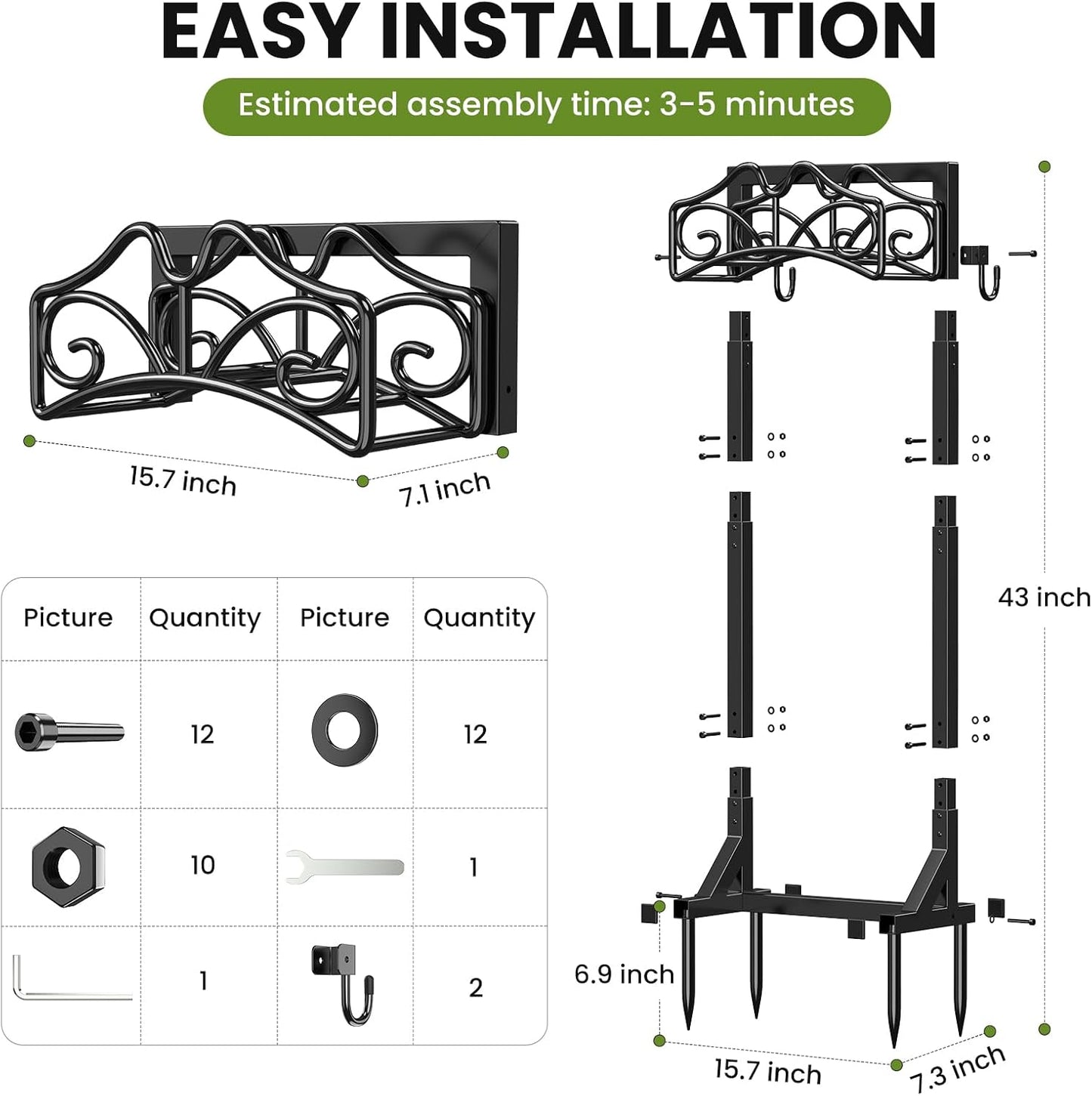 Keten Garden Hose Holder, Detachable Metal Water Hose Holder Stand, Heavy Duty Freestanding Garden Hose Reel Rack and Hose Storage Organizer for Outside Yard