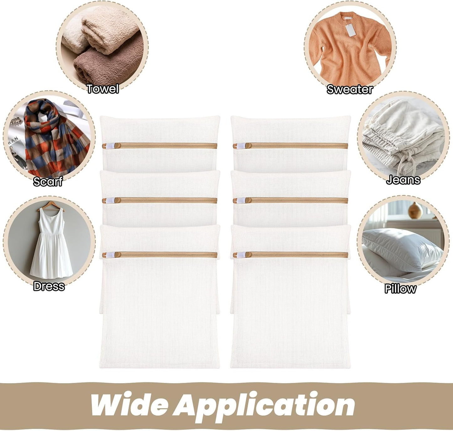 6 Pieces Large Durable Organic Cotton Mesh Laundry Bags, Durable Cotton Mesh Laundry Bag with Sturdy Zipper, Exquisite Laundry Bag for Lingerie, Socks, Clothes, Pants, Underwear, Breathable