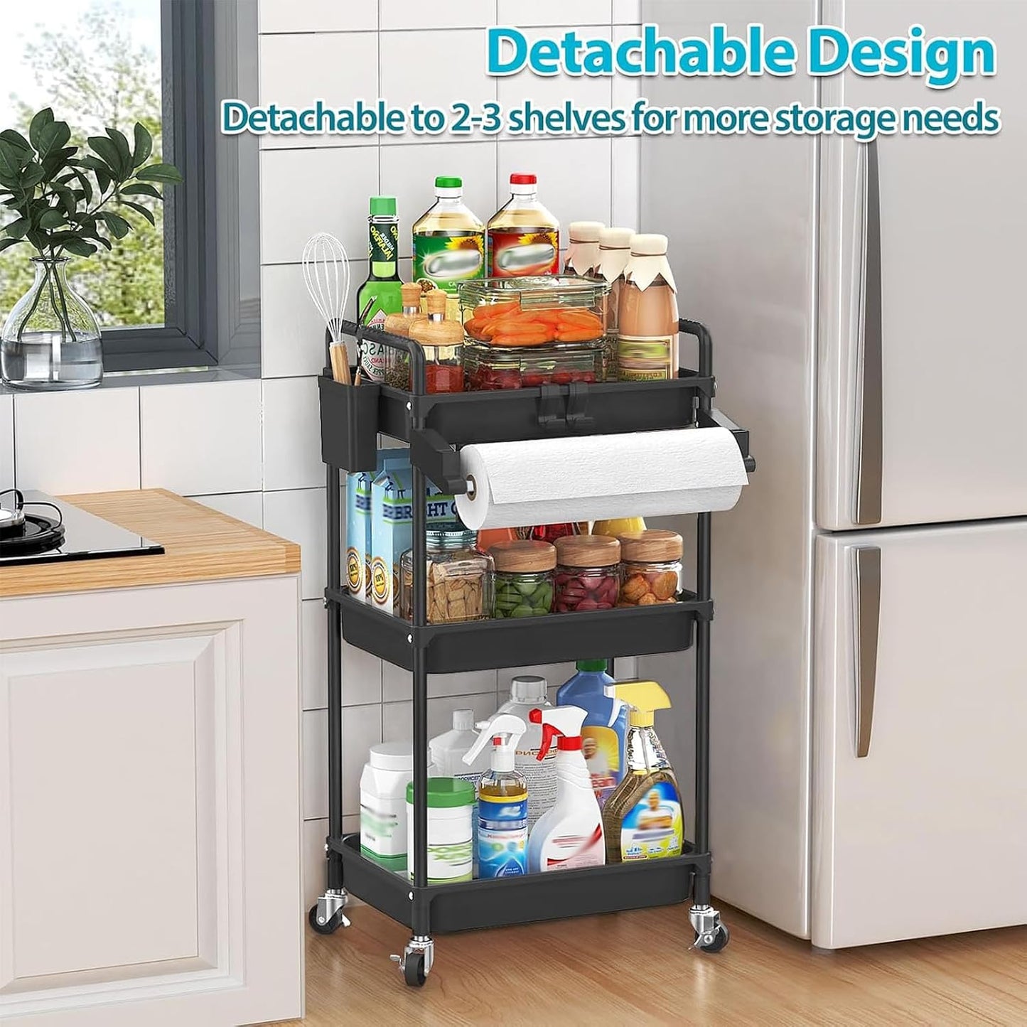 SPACEKEEPER Rolling Storage Cart, 4-Tier Bathroom Organizer Utility Cart Laundry Room Organization Mobile Shelving Unit with Towel Rack, Lockable Wheel, Hooks & Cup for Kitchen Bedroom Office, White