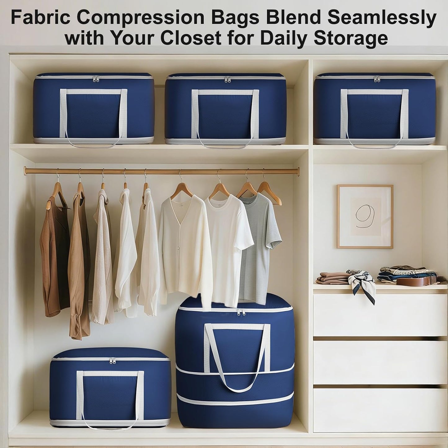 Comforter Storage Bag - 130L Large Capacity Blanket Storage Bags 4-Layer Ultra Space Saving Self Compression Organizer, Washable Compression Bags for Storage Comforter Blanket, 2-Pack, Beige