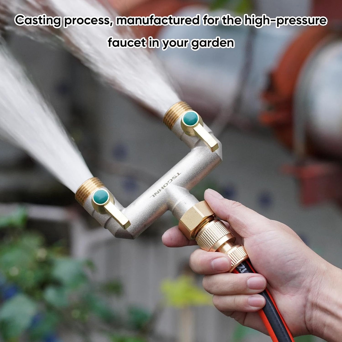 Heavy Duty Brass Garden Hose Splitter, 2-Way Faucet Splitter with 2 Extended Metal Handles, Outdoor Hose Splitter, GHT 3/4-Inch Heavy Duty Hex Female Inlet and 3/4-Inch Male Outlet, Nickel Plated