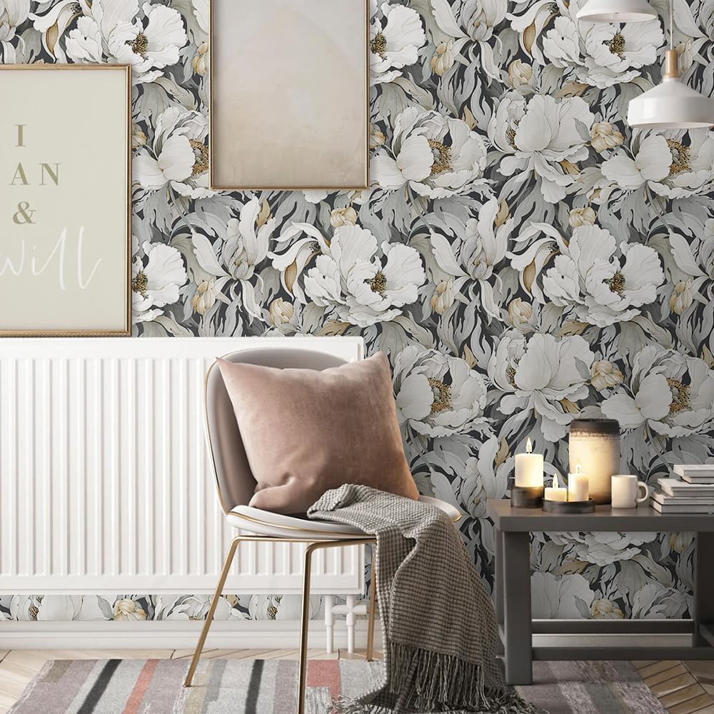 MuralPeel Dark Grey White Poppies Peony Floral Vintage Peel and Stick Wallpaper Self Adhesive Removable Easy Peel Off Stick on Wall Paper for Bedroom Cabinet Renter