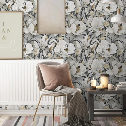 MuralPeel Dark Grey White Poppies Peony Floral Vintage Peel and Stick Wallpaper Self Adhesive Removable Easy Peel Off Stick on Wall Paper for Bedroom Cabinet Renter