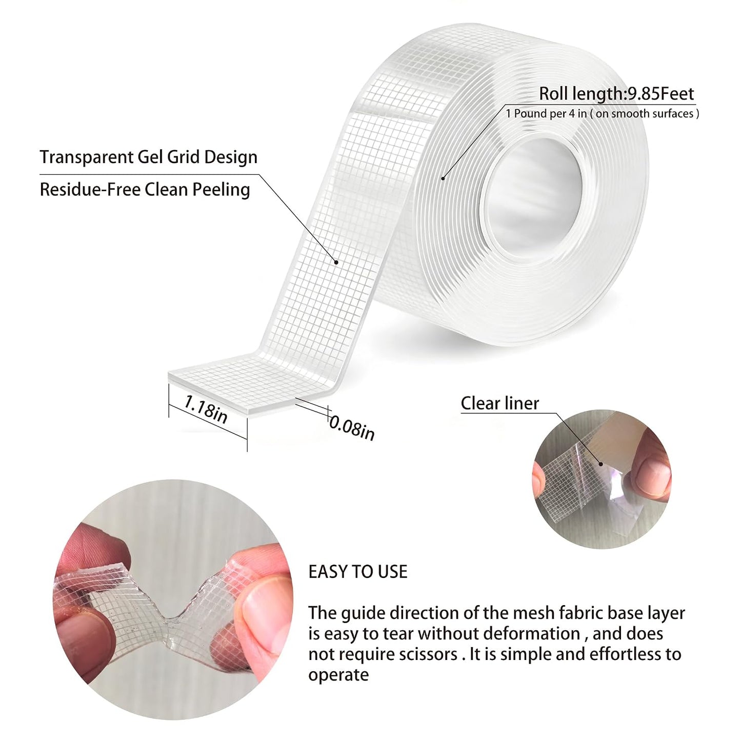 Strong Nano-Grid Double-Sided Tape, 9.85 ft Transparent Gel Strip | Residue-Free Removal Washable & Reusable Grip Heavy Duty Mounting Clear & Discreet Design Multi-Surface Application