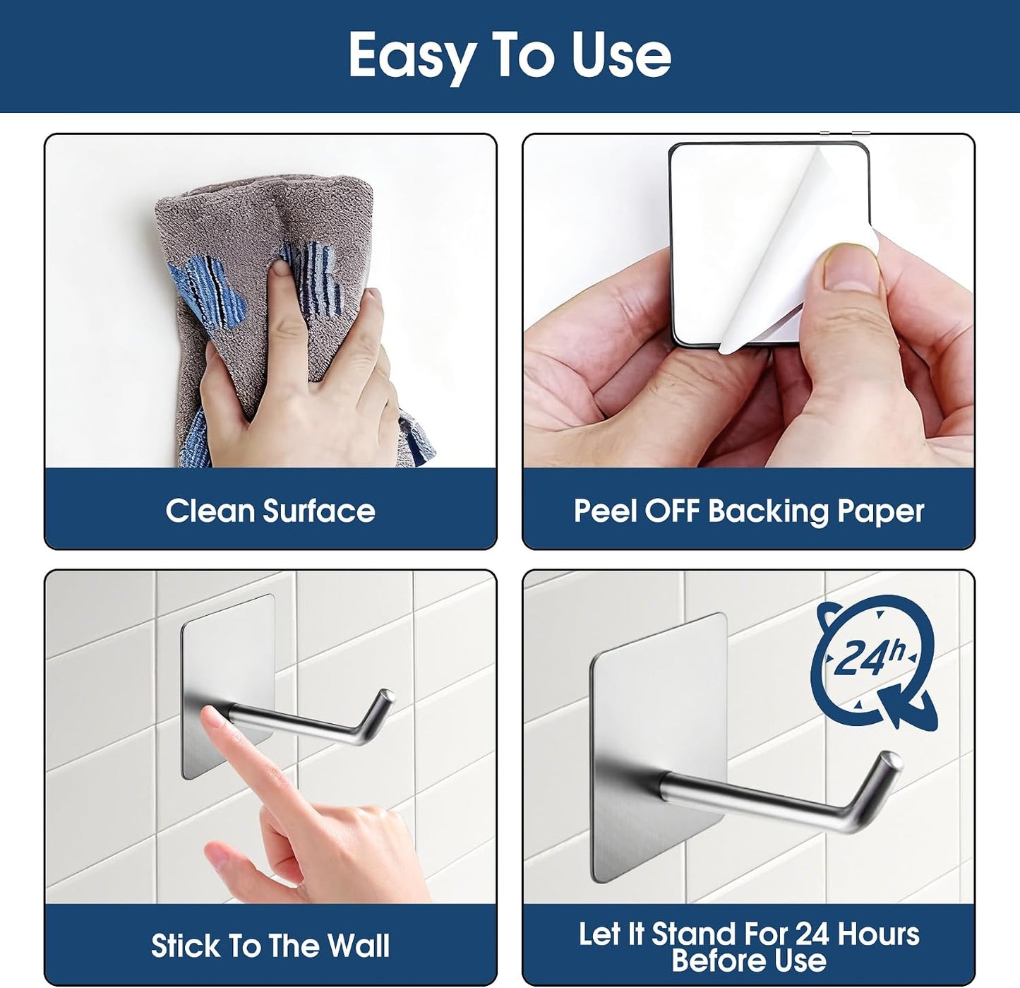 Hawsam 6 Pack Self Adhesive Wall Hooks for Hanging Heavy Duty 44LB(Max) Adhesive Towel Hooks 304 Stainless Steel Sticky Hooks for Robe Coat, Waterproof Shower Hooks for Bathroom Kitchen