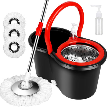 Spin Mop and Bucket with Wringer Set on Wheels, 360 Spinning Mop with Stainless Steel Handle for All Hard Surfaces, Floor Cleaning System with 3 Microfiber Replacement Heads, Black/Red