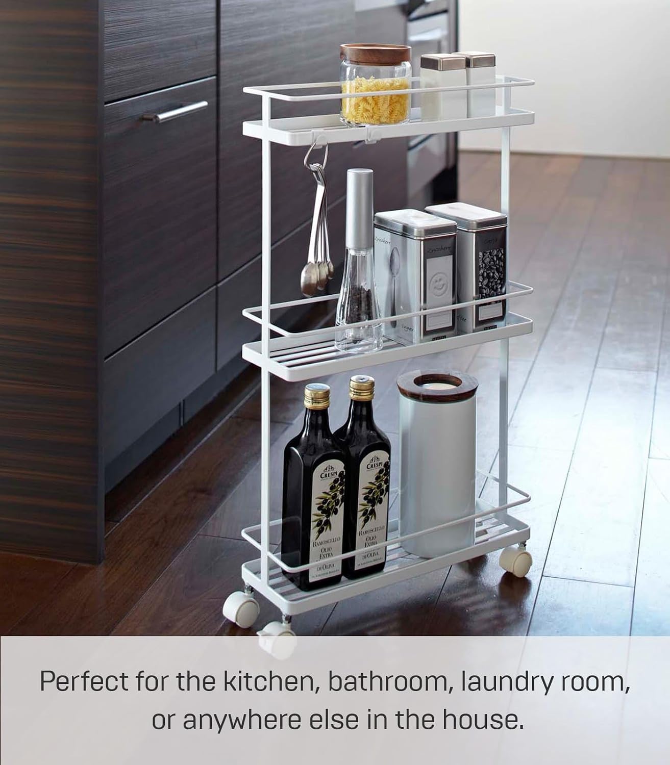 YAMAZAKI Home Tower Rolling Kitchen Island Three Tier Metal Storage Cart - Portable Organizer Shelves Utility Cart, 26" - Steel -