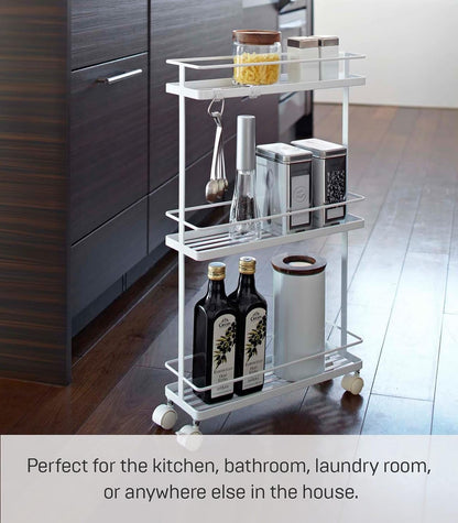 YAMAZAKI Home Tower Rolling Kitchen Island Three Tier Metal Storage Cart - Portable Organizer Shelves Utility Cart, 26" - Steel -