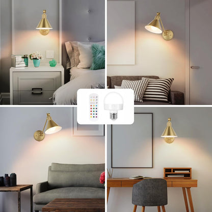 TRLIFE Rechargeable Battery Operated Wall Sconces, Dimmable and Adjustable Color Temperature Wireless Wall Sconces Set of 2 with Remote Control, Gold Swing Arm Wall Light for Bedroom Bedside Hallway