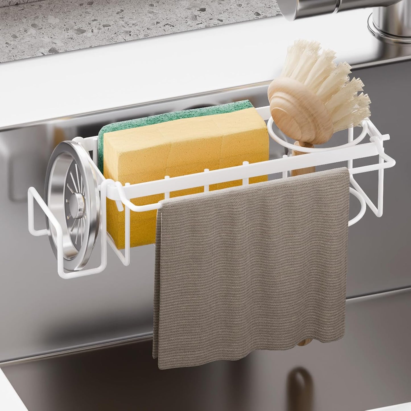 TAILI Sponge Holder with Strong Suction Cup, Dish Sponge Caddy Inside Sink Removable, Rustproof Aluminum for Sponges, Brushes, Stoppers and Scrapers - Black