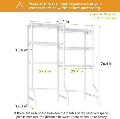 ULIFHOME U15 Over Washer and Dryer Storage Shelves, Laundry Above Washer Dryer Storage Rack Space Saver, 6-Tier Wire Shelf with 4 Hooks for Organization, 63.4"W x 17.3"D x 76.4"H, Holds 568lbs, White