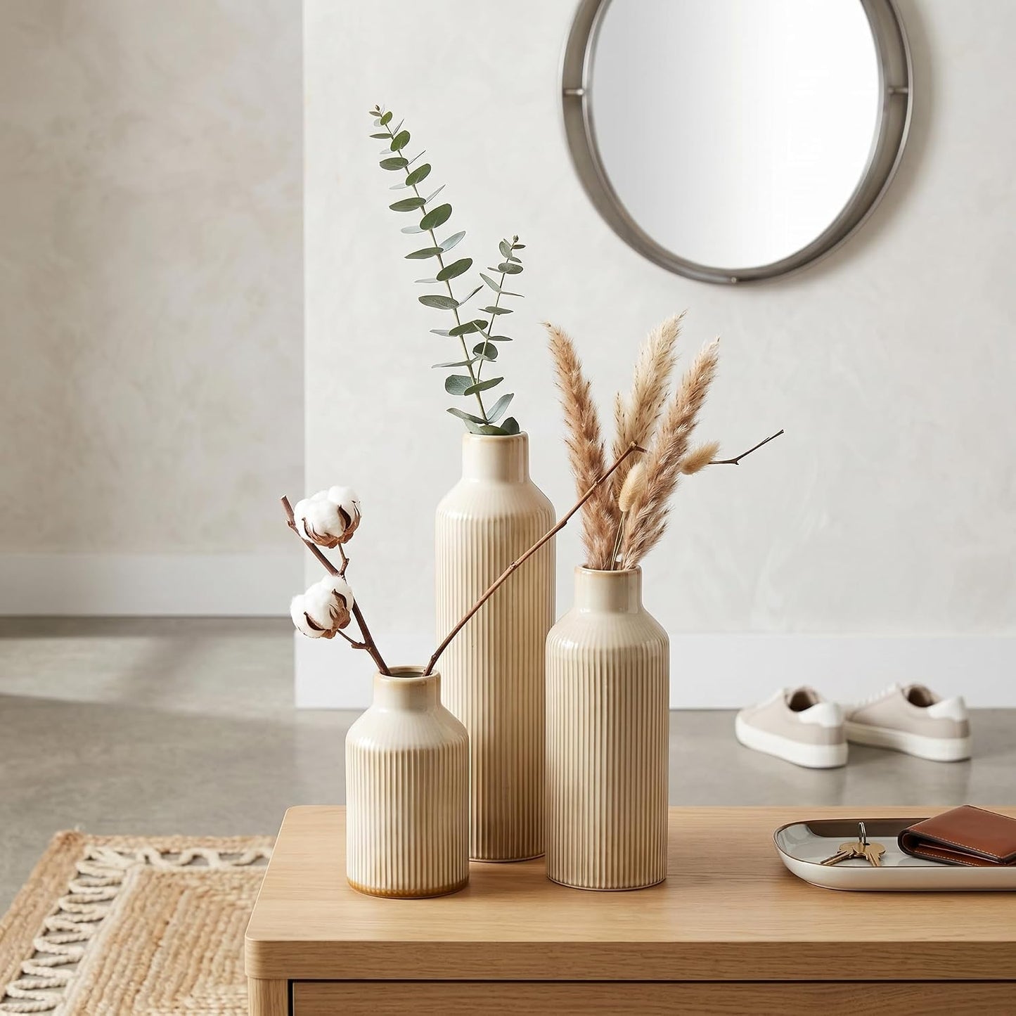 Brown Ceramic Vase Set of 3 - Rustic Farmhouse Vases for Centerpieces Small Modern Decorative Vase for Flower Kitchen Bathroom Bedroom Living Room Shelf Home Decor