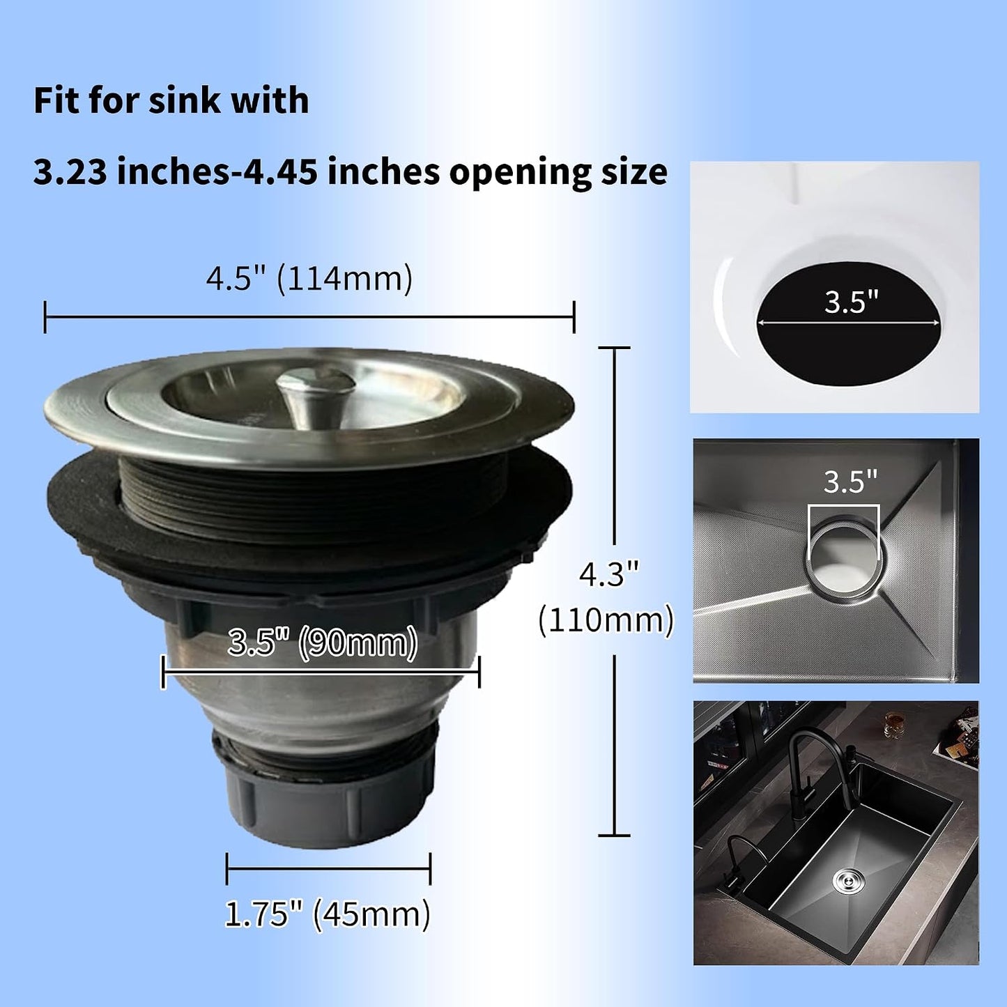 Kitchen Sink Drain Strainer Assembly, 3-1/2 Inch 304 Stainless Steel Sink Drain Kit with Deep Removable Basket, Stopper & Sealing Lid, Fits Standard Kitchen Sinks, Prevents Clogs，Brushed Color