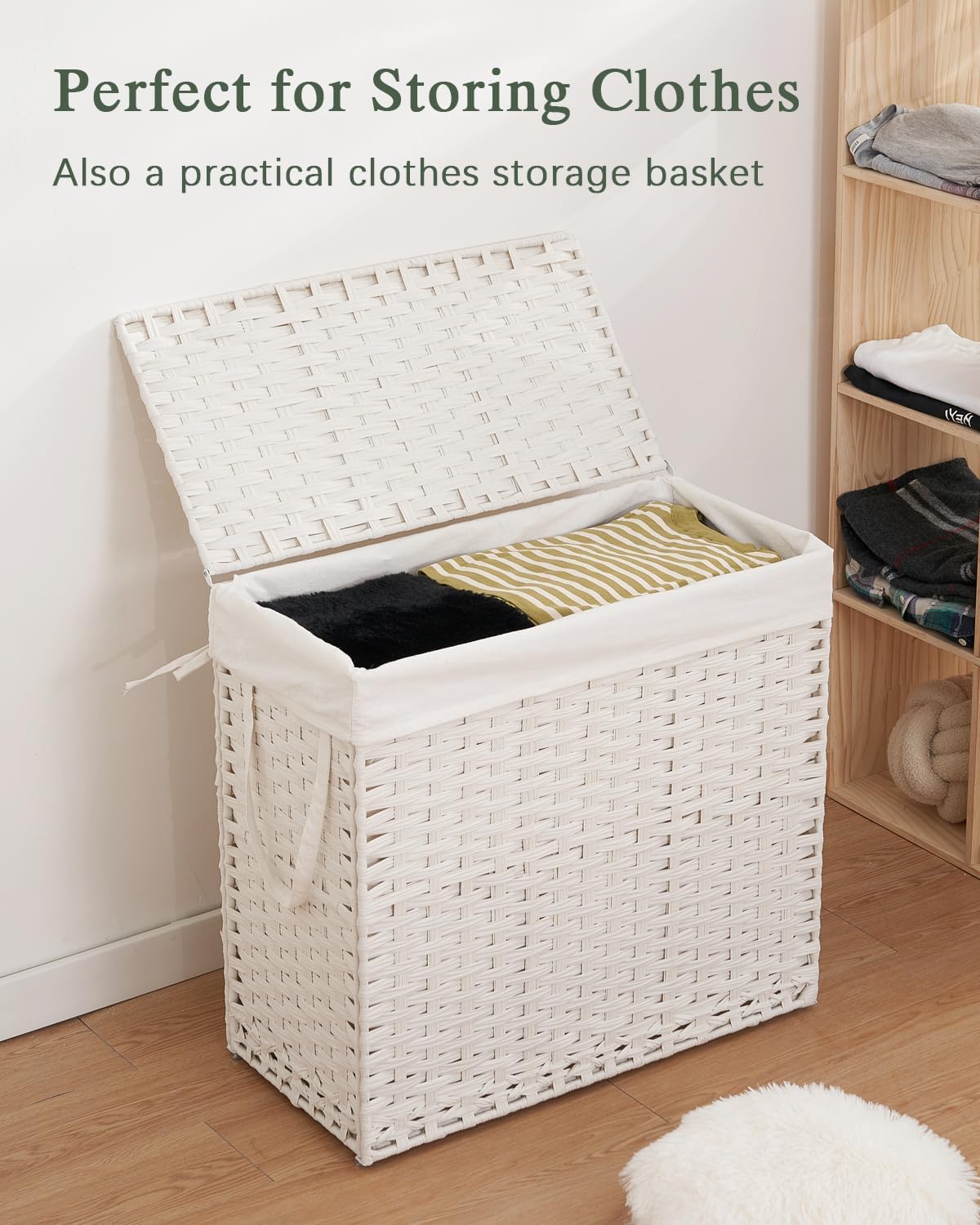 SETVSON Laundry Hamper with Lid Laundry Basket 132 L (35 Gal) Wicker Clothes Hamper, Handwoven Rattan Hamper with Handles and 4 Removable Liner Bags, 6 Mesh Bags for Laundry Bedroom Natural