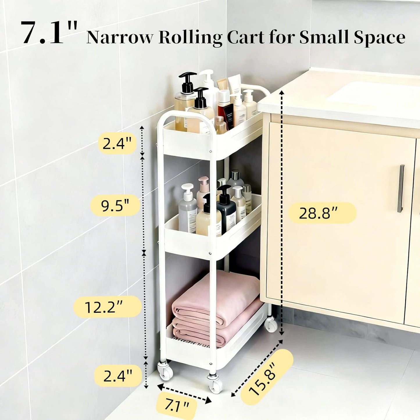 3 Tier Slim Metal Rolling Storage Cart for Laundry Room & Kitchen Organizer, 7.1'' Thin Standing Shelf for Narrow Spaces, Utility Cart with Wheels & Lockable Casters for Bathroom, Black