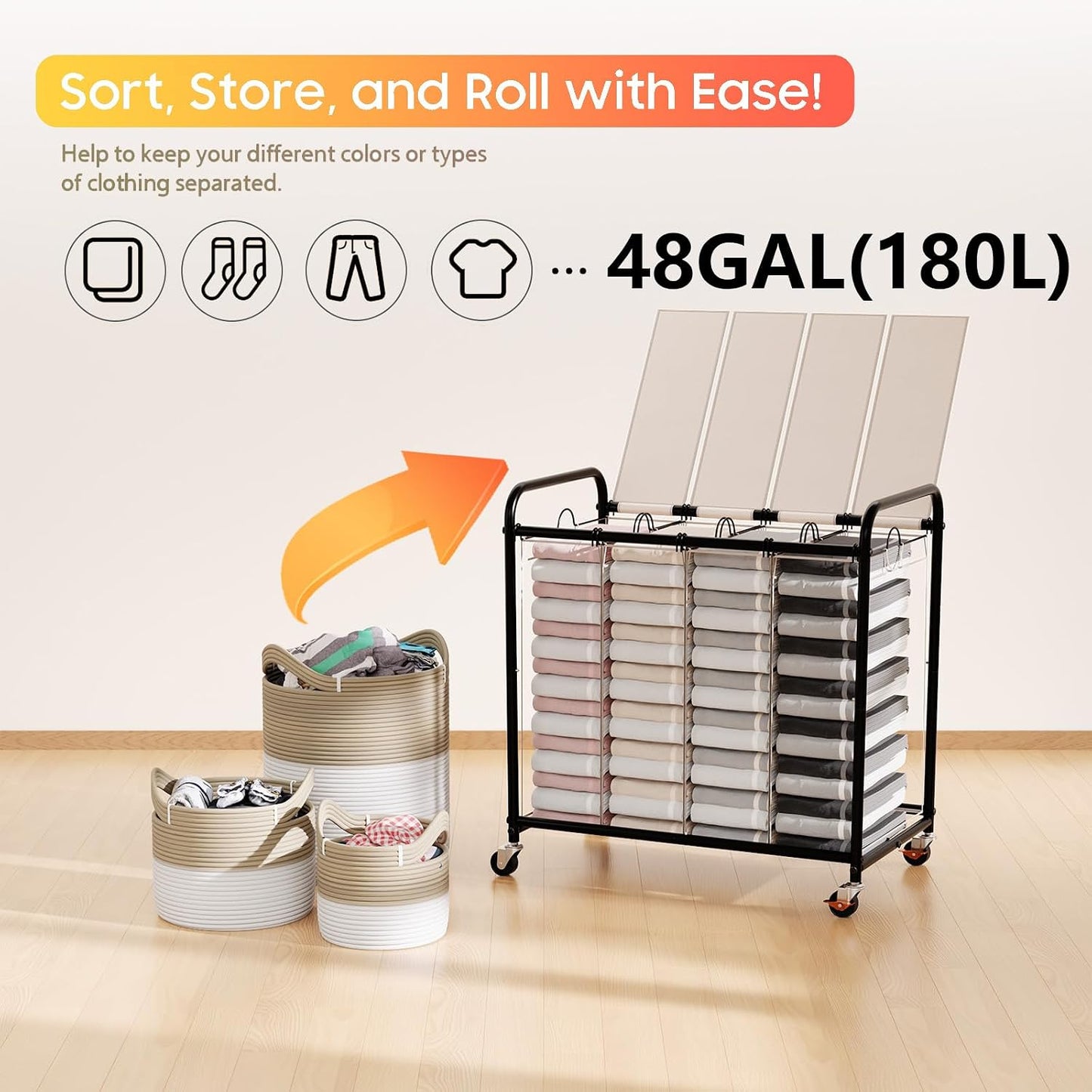 180L (47.55 Gal) Laundry Sorter 3 Section, Rolling Laundry Basket with Lockable Wheels and Lid, Laundry Hamper with 3 Separated Removable Bags Dirty Clothes Hamper for Laundry Room Organizer, Black